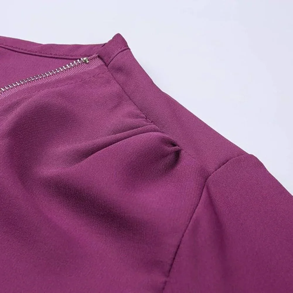 Ultra-Chic Purple V-Neck Blouse with Zip Detail & Roll-Up Sleeves Trendy 2XL